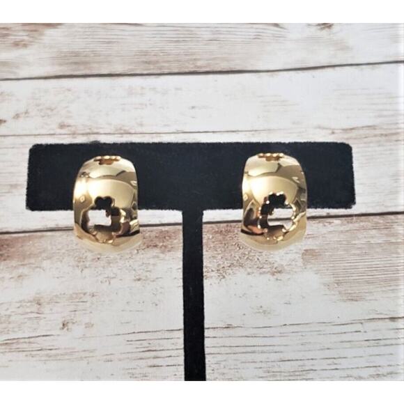 Vintage Clip On Earrings - Unusual Chunky Gold Tone Hoops with Cut Out Design - Picture 2 of 5